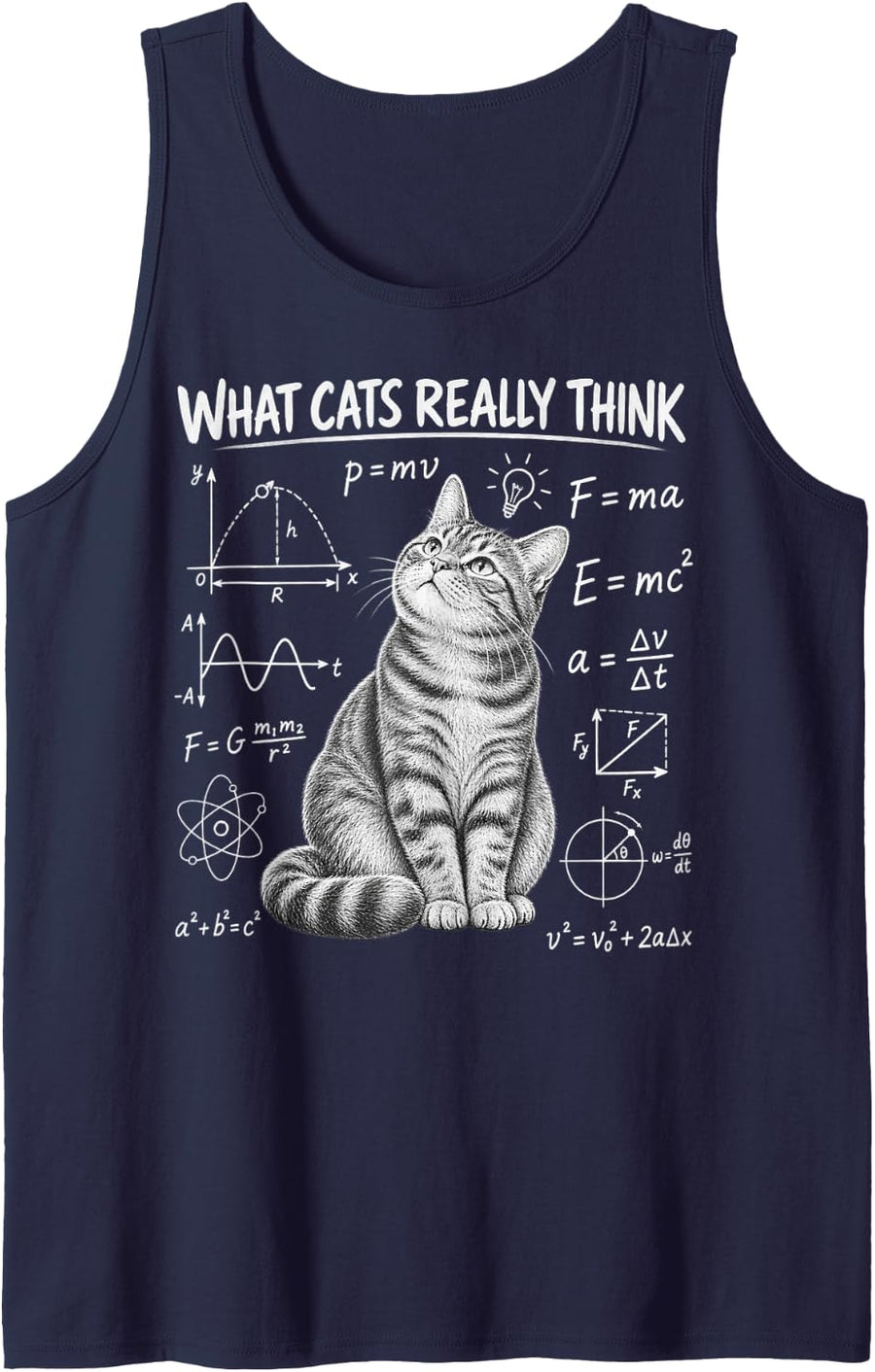 Cat Physics Equations Funny Science Illustration Sleeveless Tank Top - Navy Blue