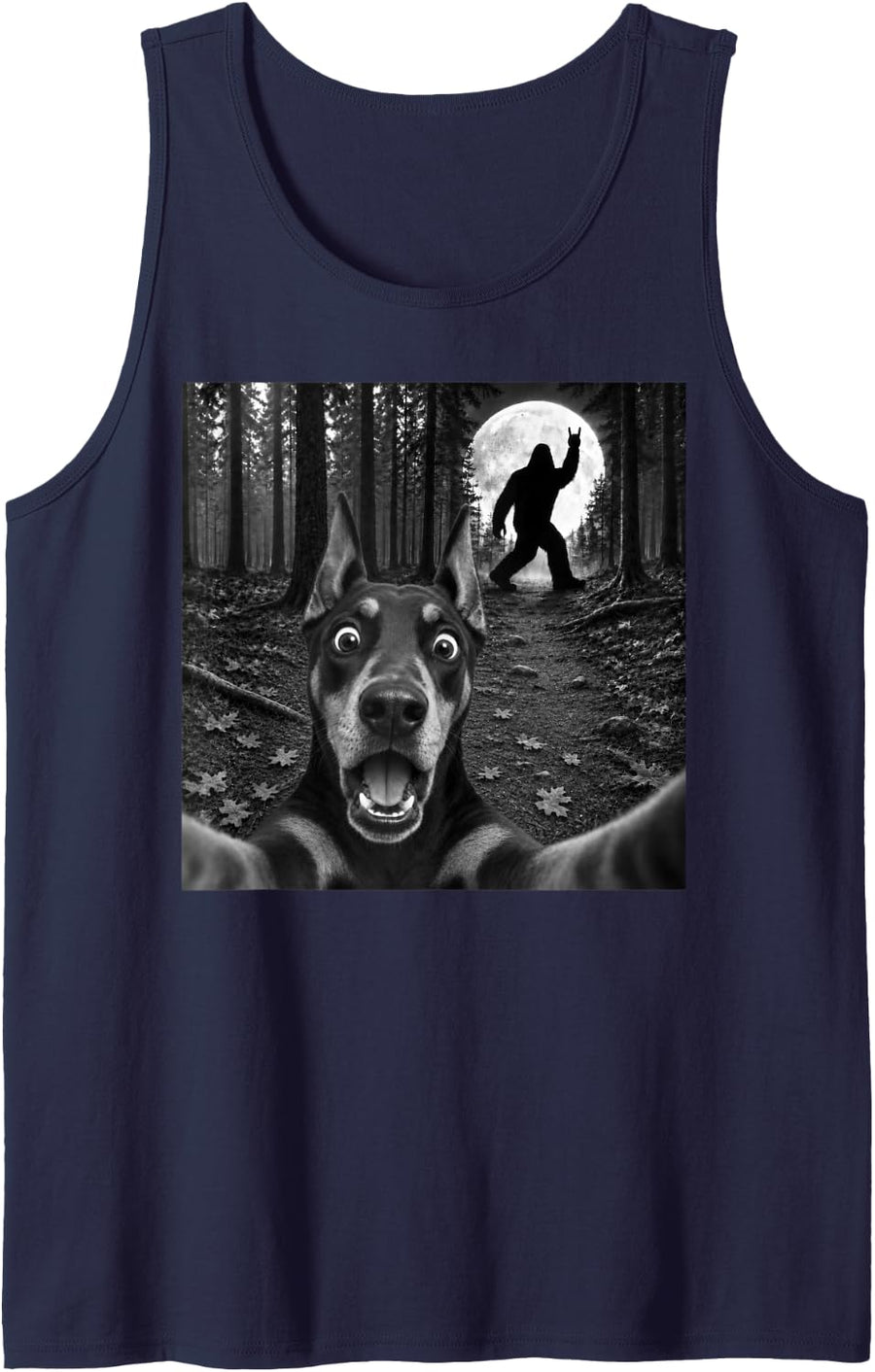Doberman Selfie with Bigfoot Rock and Roll Dog Sasquatch Sleeveless Tank Top - Navy Blue