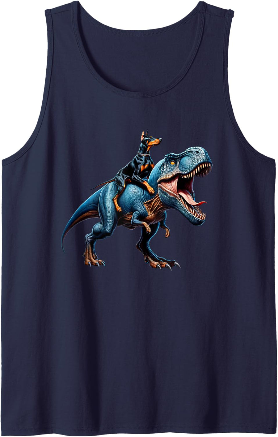 Doberman Pinscher Riding T-Rex Dinosaur Funny Dog Lover Sleeveless Tank Top - Navy Blue