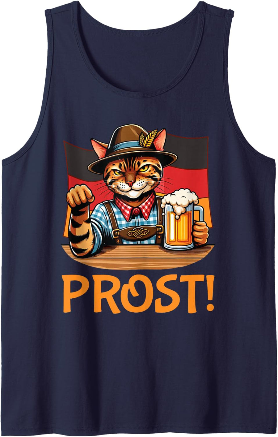 Bengal Cat Bavarian German Drinking Beer Oktoberfest Prost Sleeveless Tank Top - Navy Blue