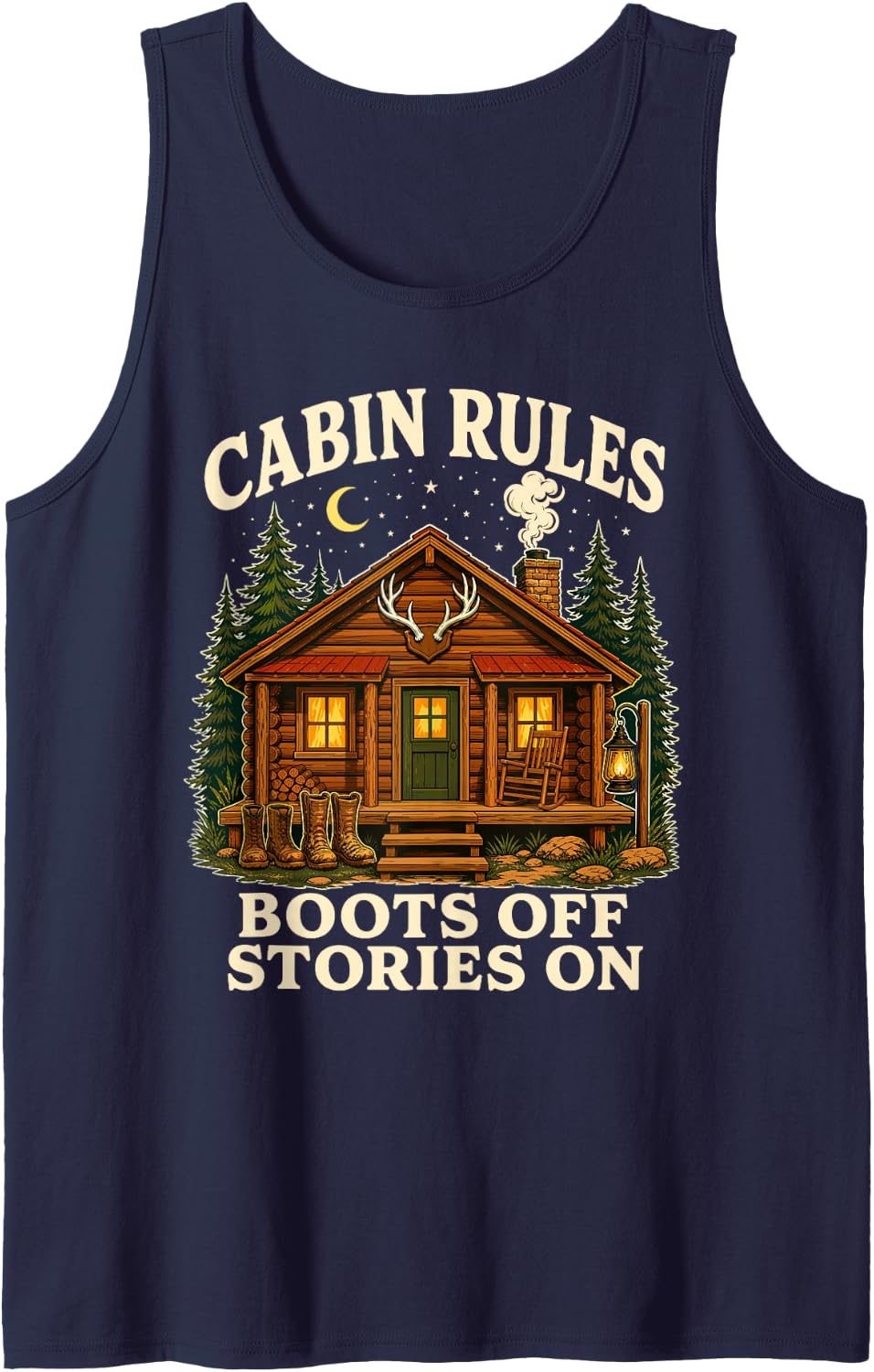 Cabin Rules Boots Off Stories on Deer Hunting Sleeveless Tank Top - Navy Blue