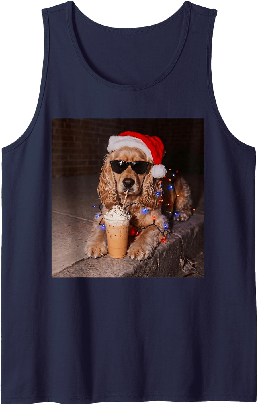 Cool Cocker Spaniel Santa Hat Iced Coffee Dog Xmas Lights Sleeveless Tank Top - Navy Blue