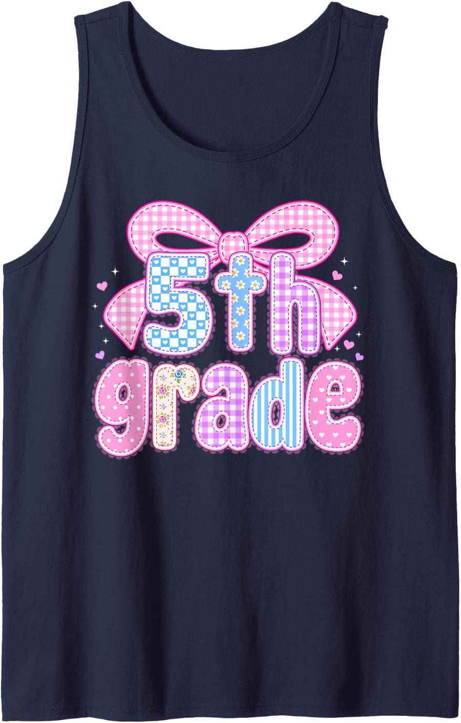 Preppy Fifth 5th Grade Floral Coquette Bow Back to School Tank Top - Navy Blue