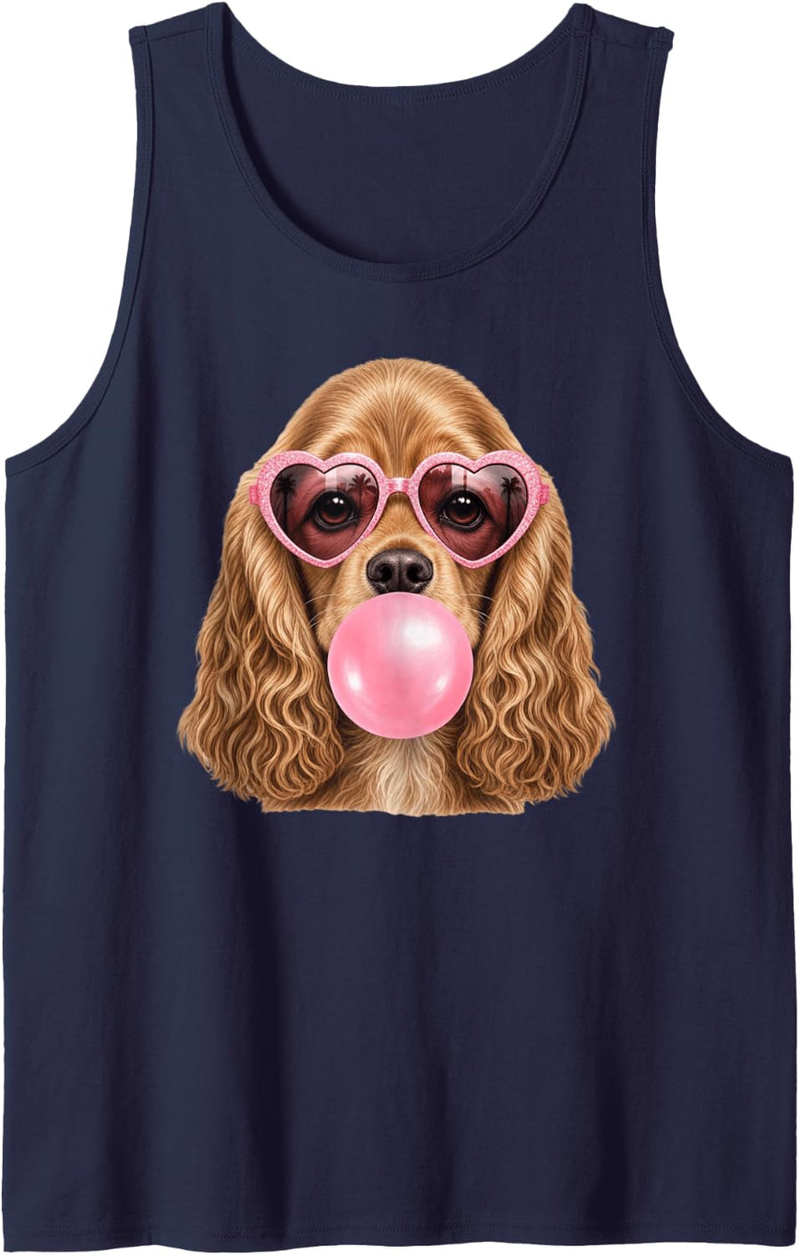 Cocker Spaniel Dog Blowing Bubble Gum Heart Pink Sunglasses Sleeveless Tank Top - Navy Blue