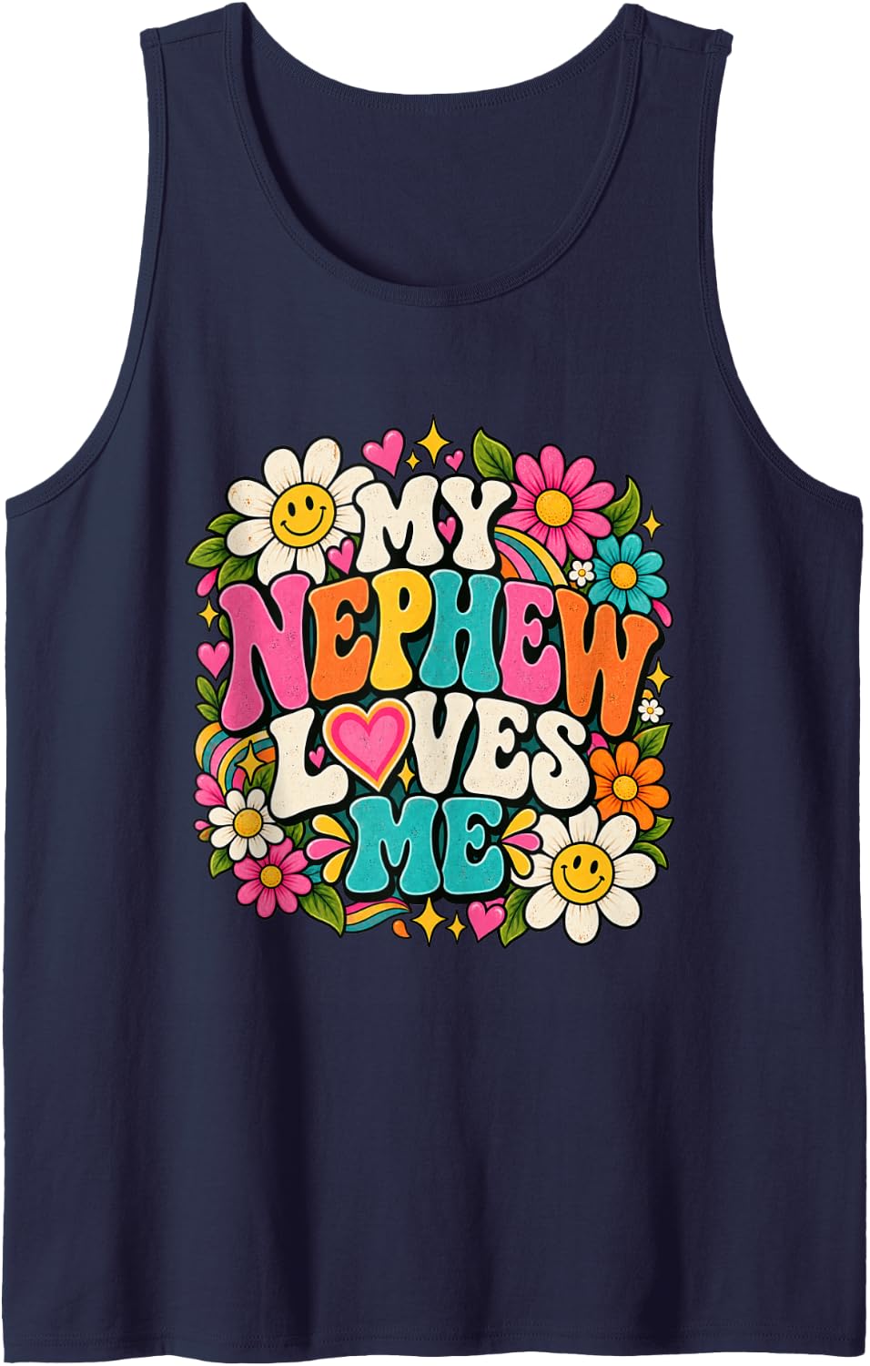 My Nephew Loves Me Groovy Proud Aunt Family Aunties Sleeveless Tank Top - Navy Blue
