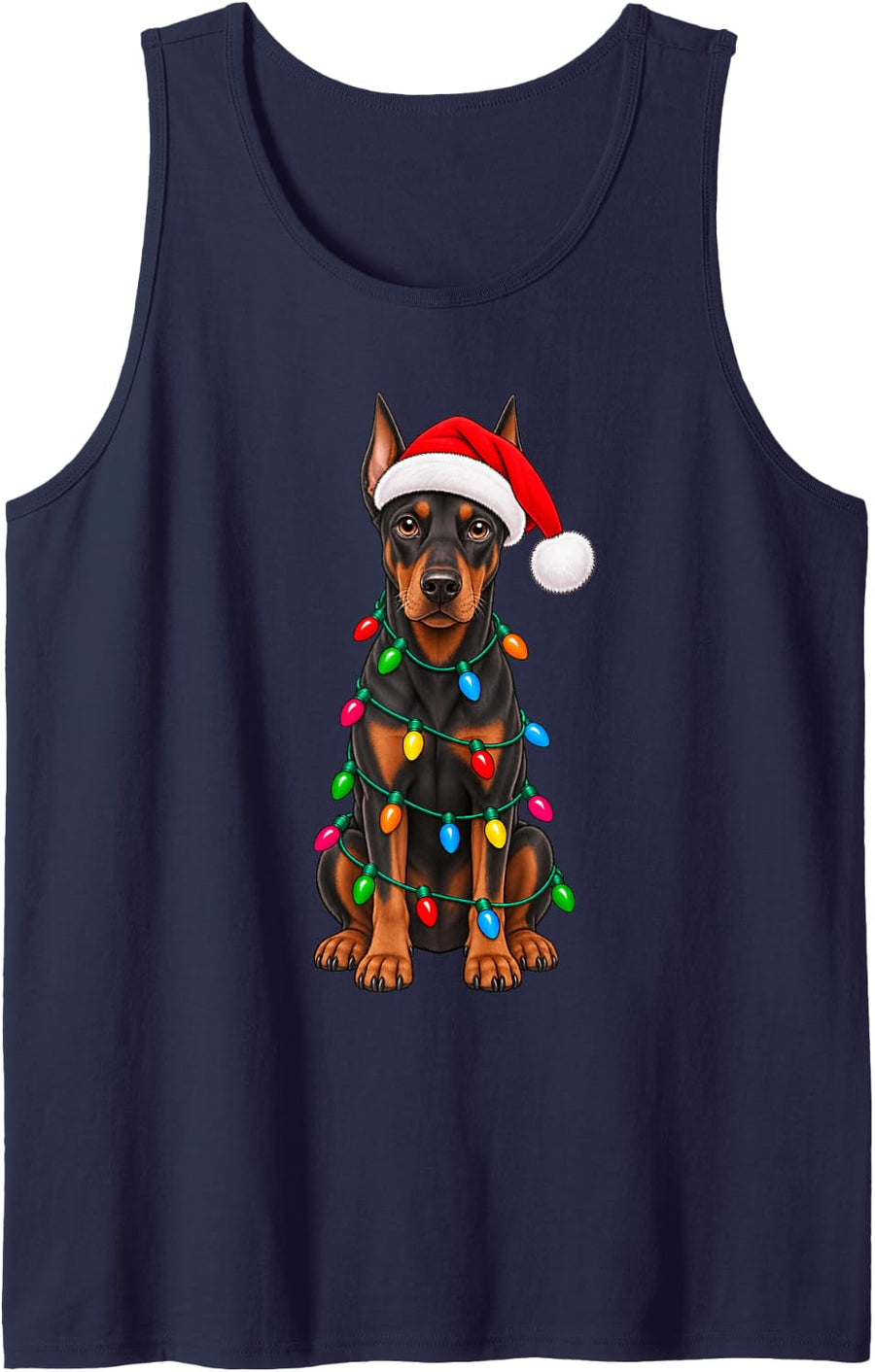Cute Doberman Pinscher Santa Christmas Lights Dog Lover Xmas Sleeveless Tank Top - Navy Blue