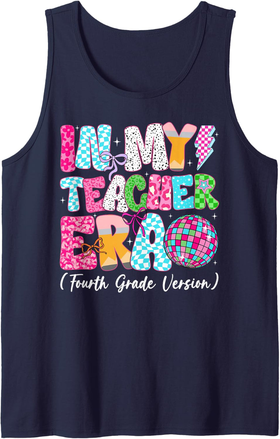 in My Teacher Era Fourth Grade Version Groovy Teacher Sleeveless Tank Top - Navy Blue