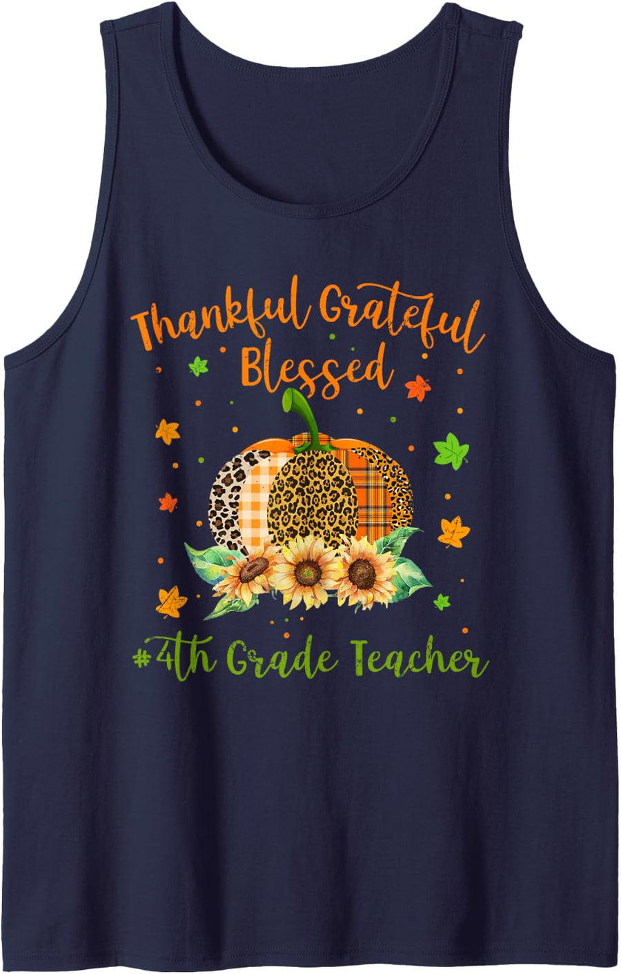 Thankful 4th Grade Teacher Pumpkin Sunflower Thanksgiving Sleeveless Tank Top - Navy Blue