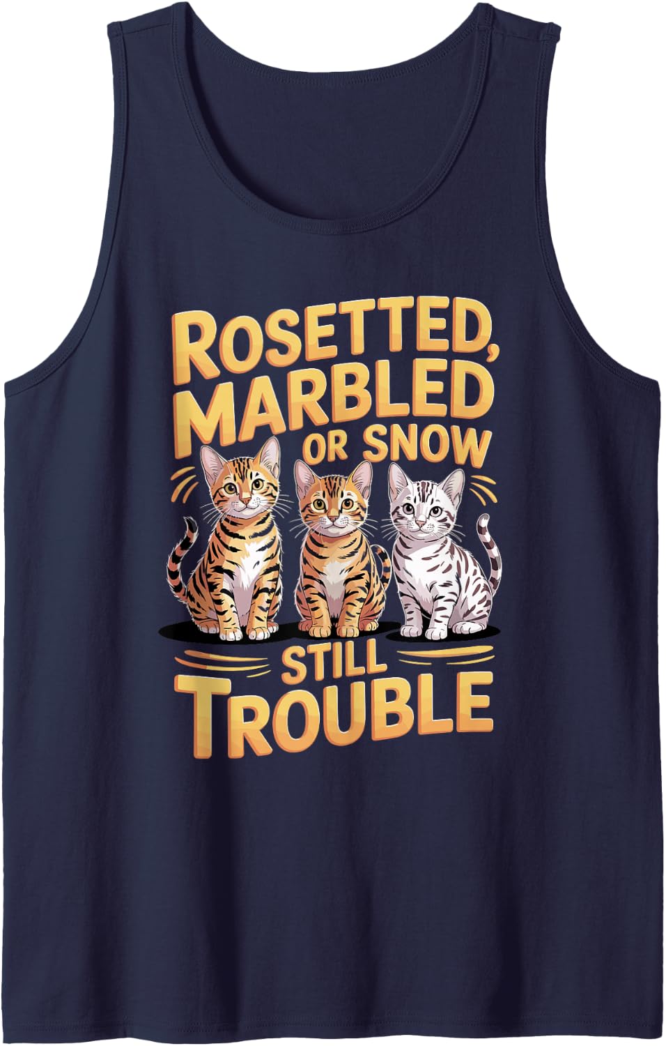 Rosetted Marbled Or Snow Still Trouble Bengal Cat Sleeveless Tank Top - Navy Blue