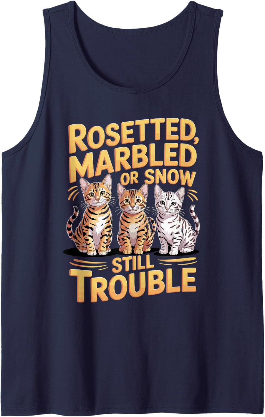 Rosetted Marbled Or Snow Still Trouble Bengal Cat Sleeveless Tank Top - Navy Blue