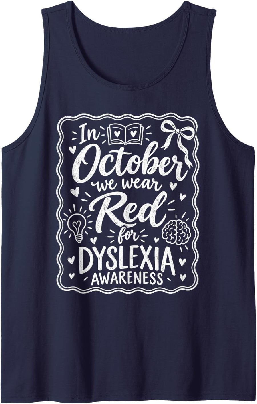 Preppy in October We Wear Red Dyslexia Awareness Teacher Kid Sleeveless Tank Top - Navy Blue