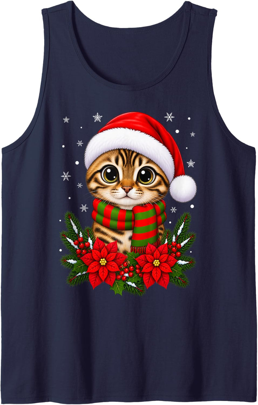 Cute Animal Festive Flowers Santa Hat Bengal Cat Christmas Sleeveless Tank Top - Navy Blue