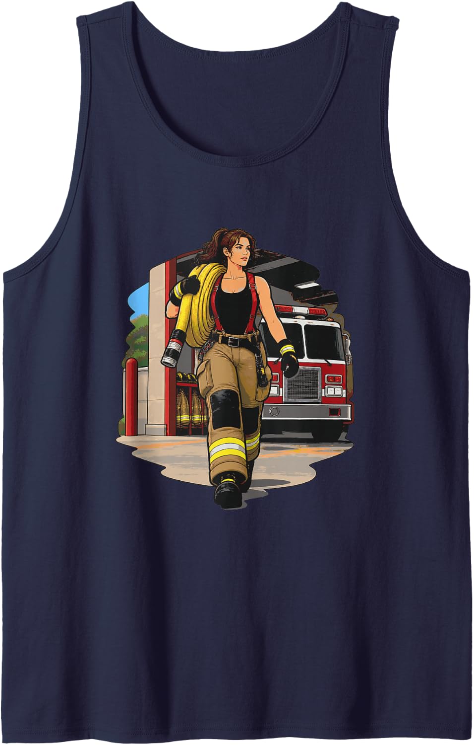 Female Firefighter Carrying a Coiled Hose from a Station Sleeveless Tank Top - Navy Blue