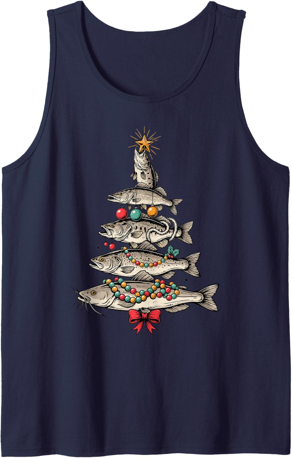 Fish Christmas Tree Fishing Xmas Tree Angler Sleeveless Tank Top - Navy Blue