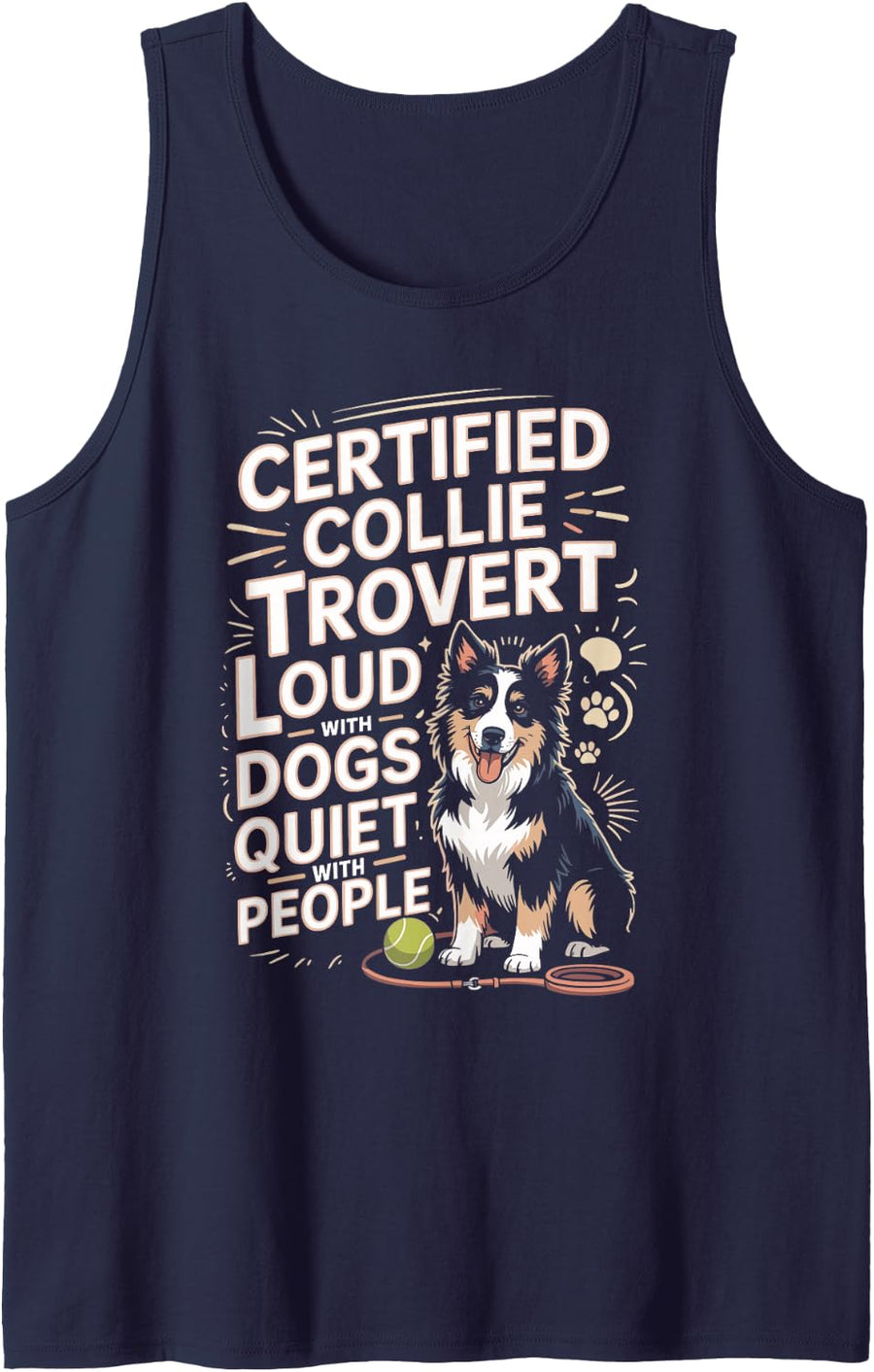 Certified Collie Trovert Loud with Dogs Quiet with People Sleeveless Tank Top - Navy Blue
