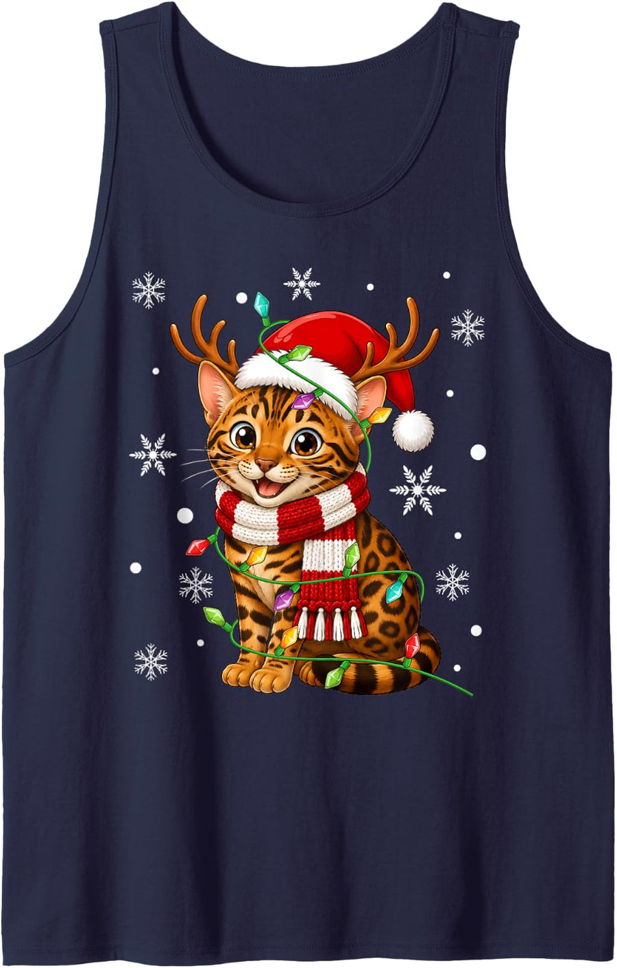 Bengal Cat Christmas Lights Santa Hat Scarf Festive Xmas Sleeveless Tank Top - Navy Blue