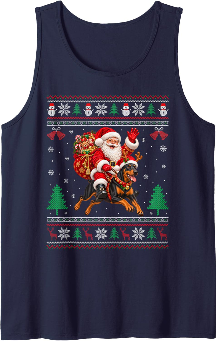 Doberman Pinscher Ugly Christmas Sweater Santa Riding Dog Sleeveless Tank Top - Navy Blue