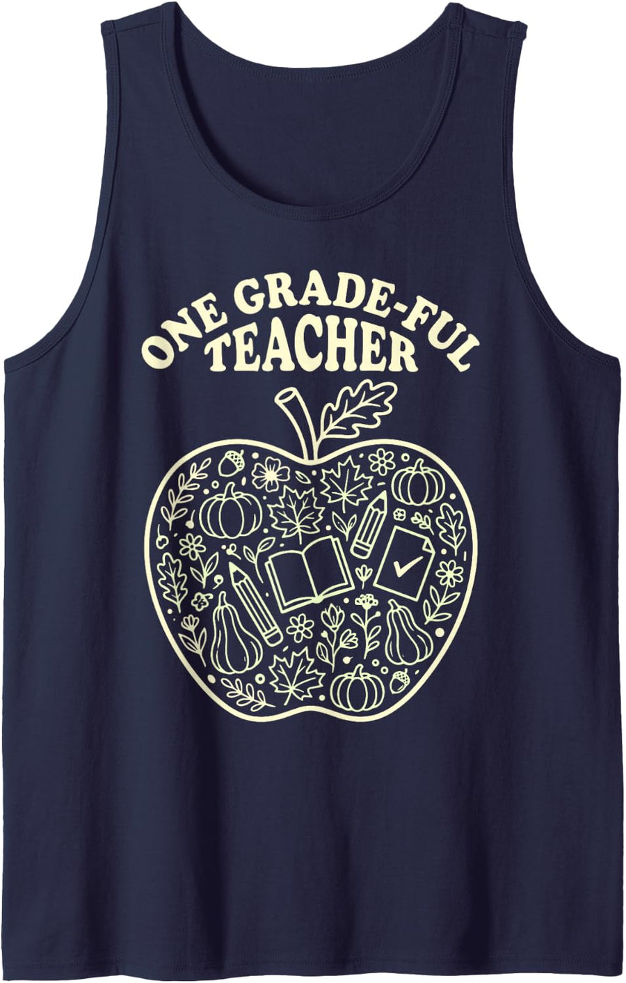 Teacher One Grade-Ful Funny Fall Pumpkin Apple Outfits 4th Sleeveless Tank Top - Navy Blue