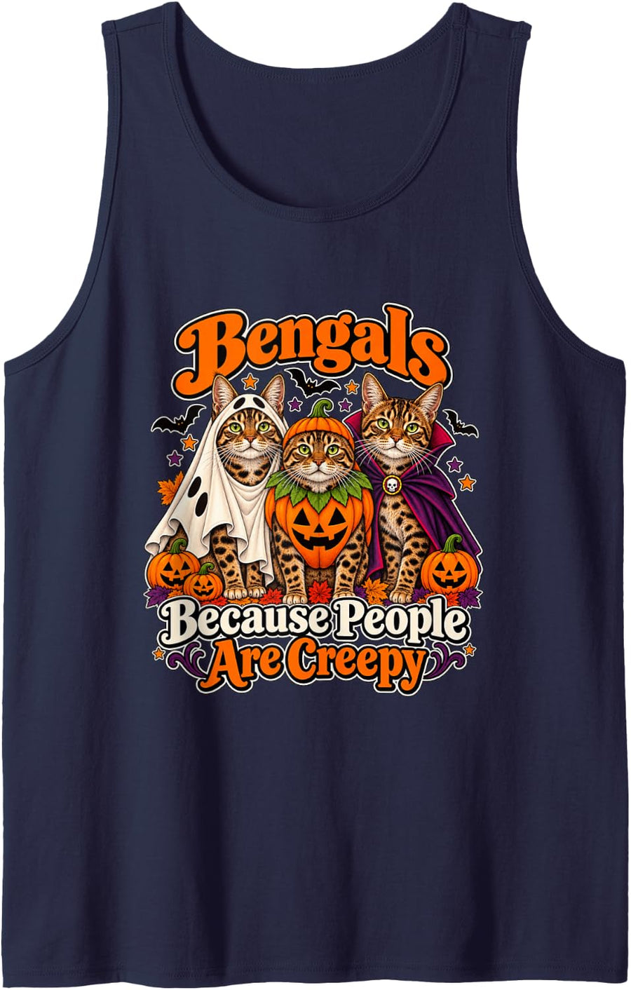 Bengal Cats Halloween Ghost Pumpkin Vampire Costume Sleeveless Tank Top - Navy Blue