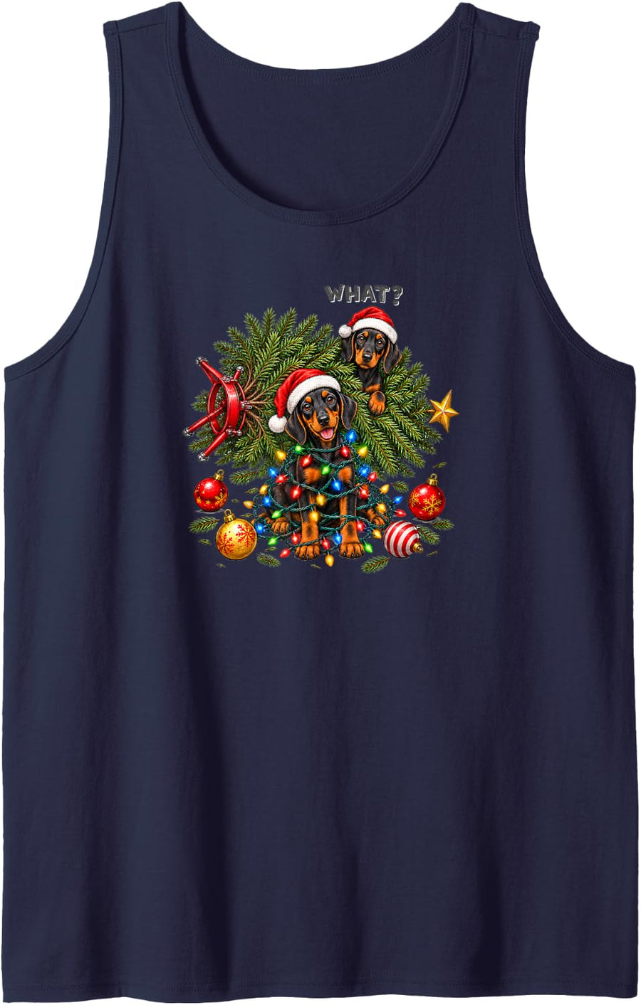 Doberman Pinscher Christmas Tree Santa Hats Funny Holiday Sleeveless Tank Top - Navy Blue