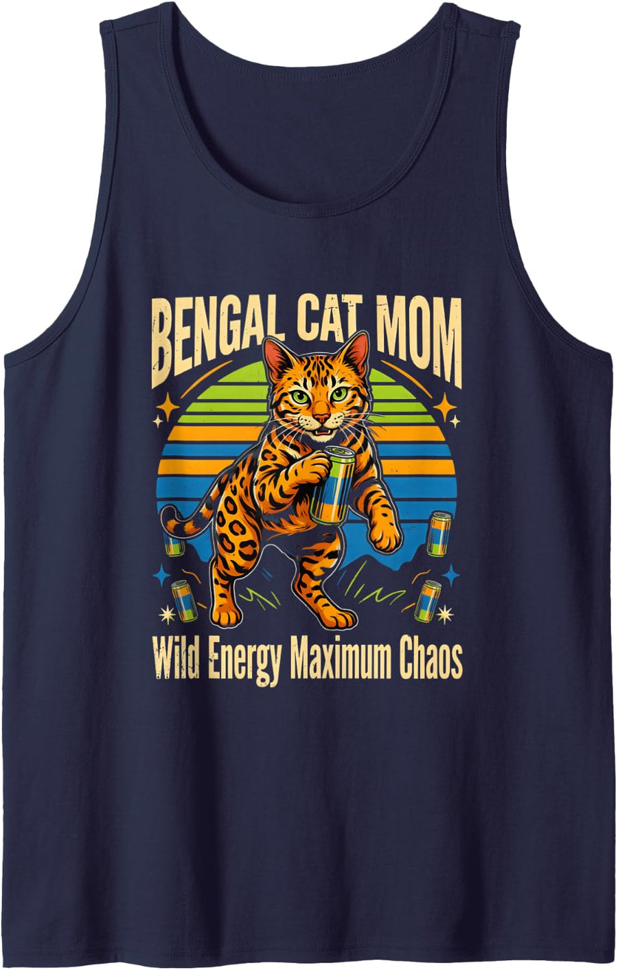 Spotted Cat Bengal Cat Mom Wild Energy Maximum Chaos Sleeveless Tank Top - Navy Blue