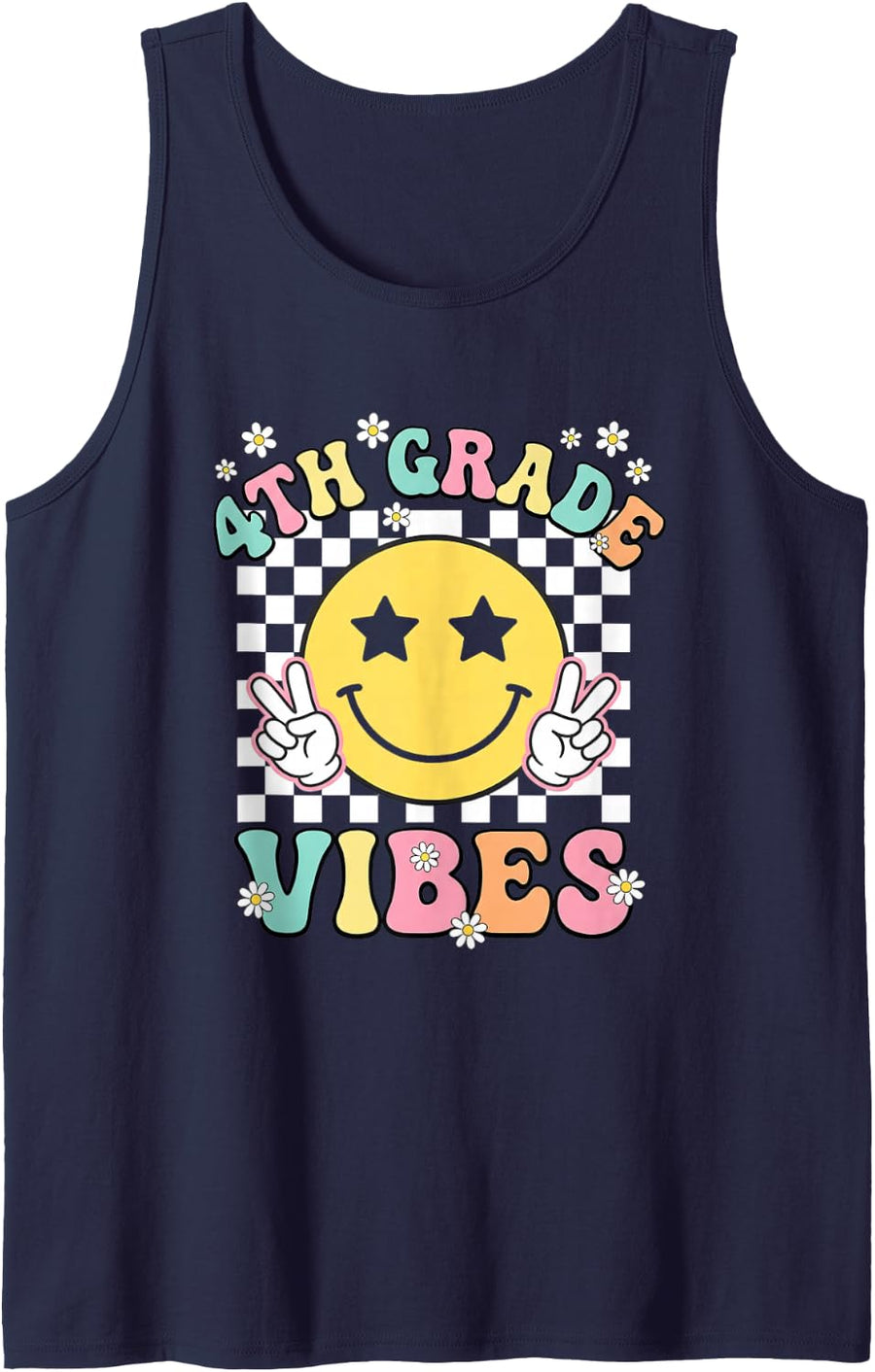 4TH Grade Vibes Back to School Retro Daisy Girls Sleeveless Tank Top - Navy Blue