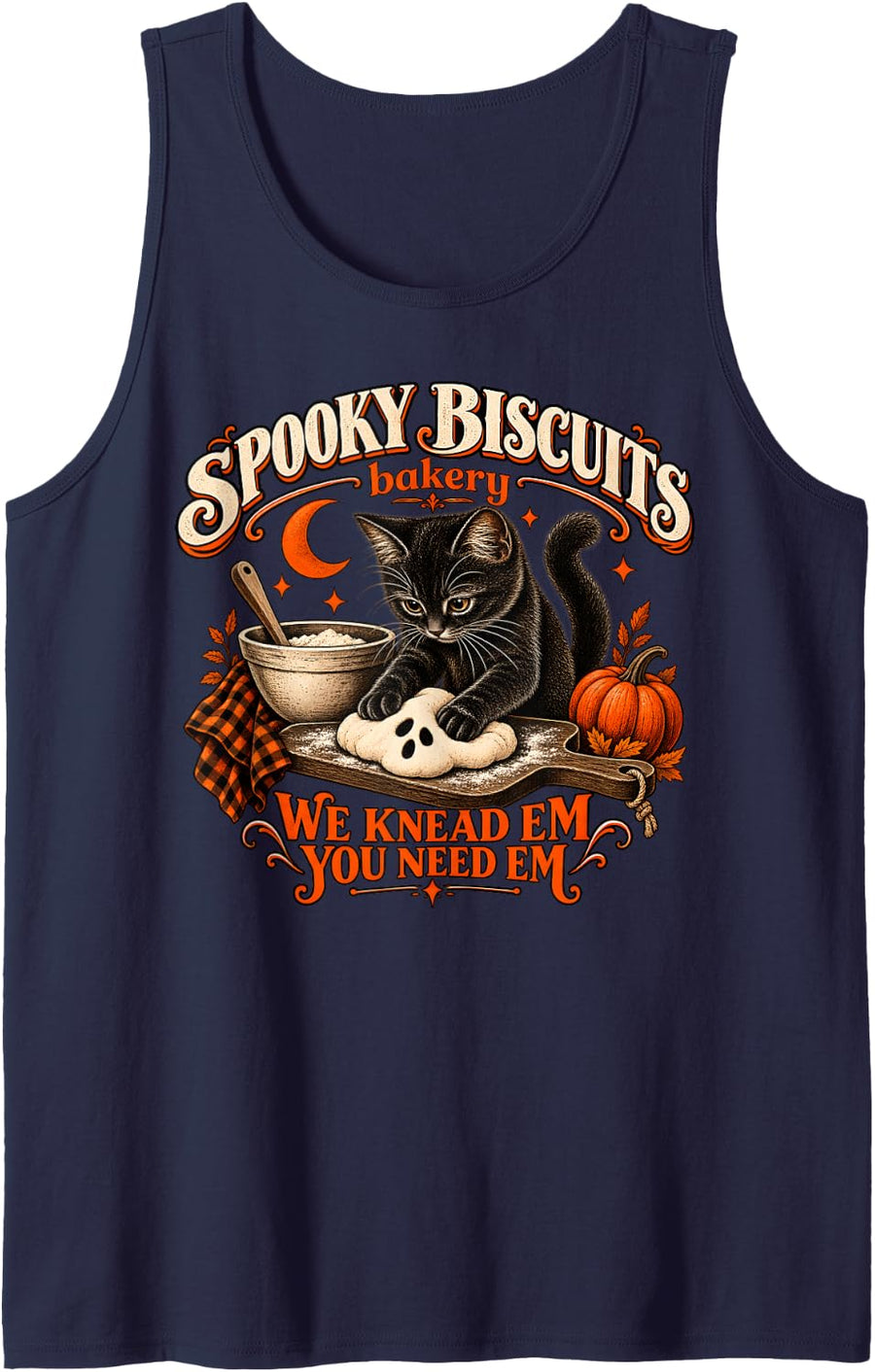 Kitty Biscuits Spooky Season Spooky Biscuits Bakery Cat Sleeveless Tank Top - Navy Blue