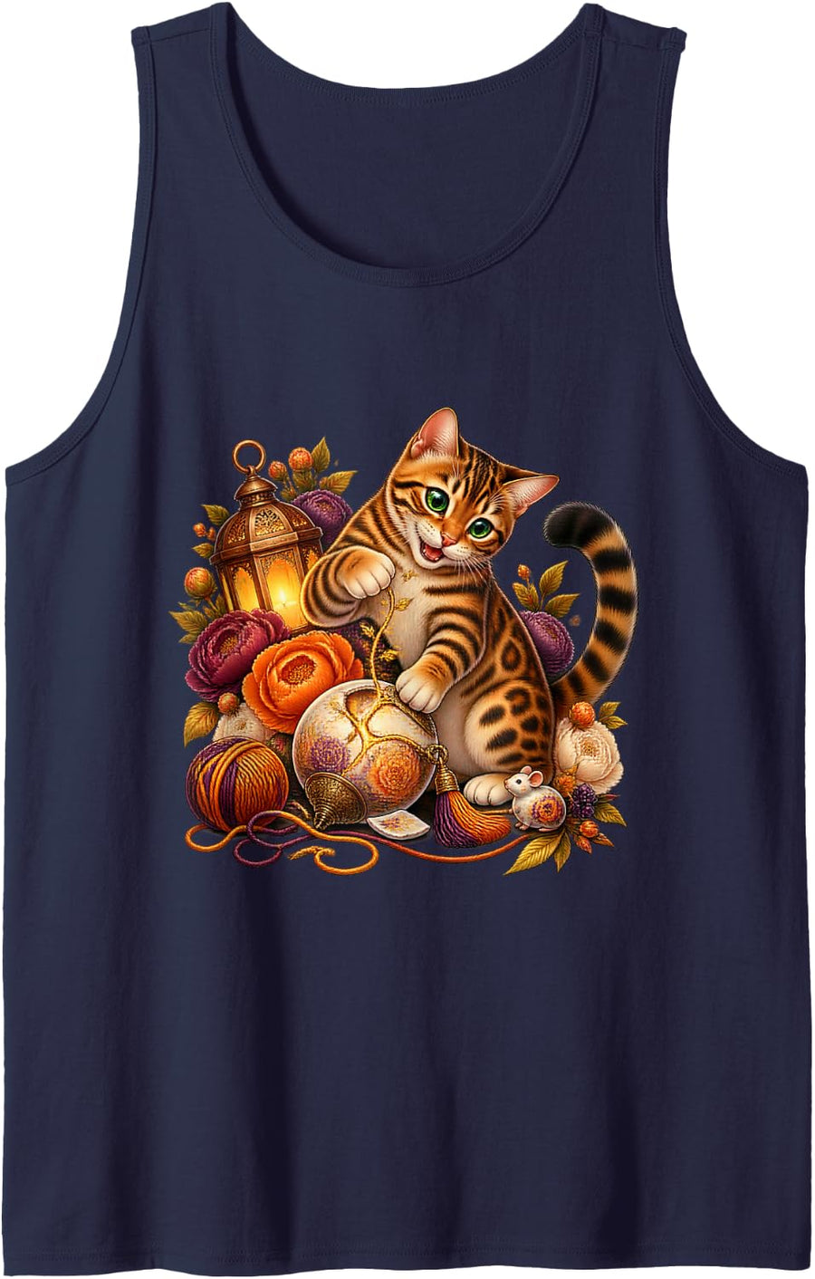 Bengal Cat Golden Thread Ornament Repair Tank Top - Navy Blue