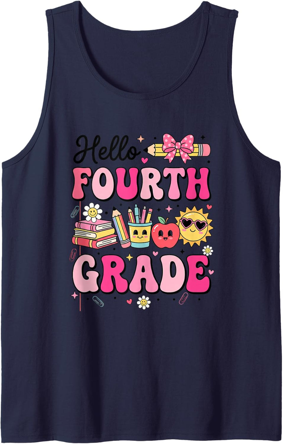 Hello Fourth Grade Back to School Retro Teacher Student Sleeveless Tank Top - Navy Blue