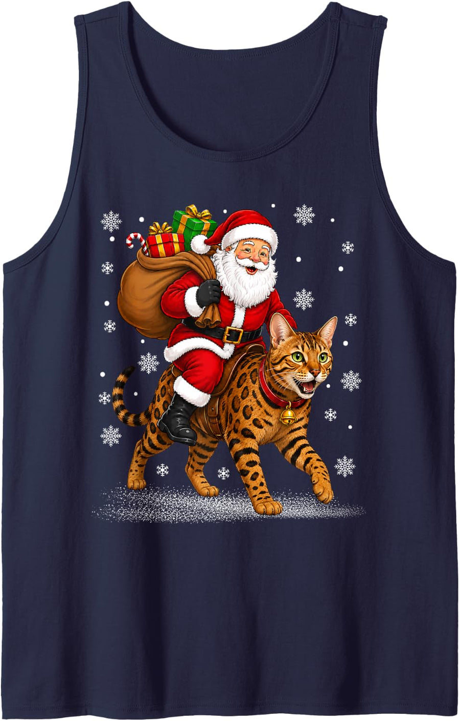 Jolly Santa Riding Bengal Cat Christmas Sleeveless Tank Top - Navy Blue