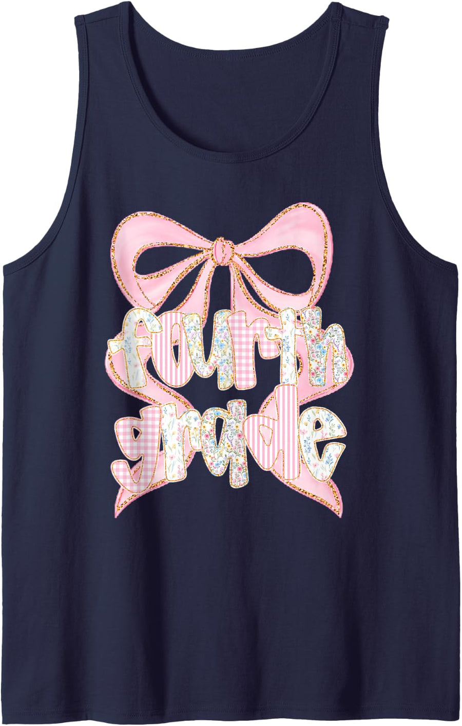 Preppy Fourth Grade Teacher 4th Grade Floral Coquette Bow Sleeveless Tank Top - Navy Blue