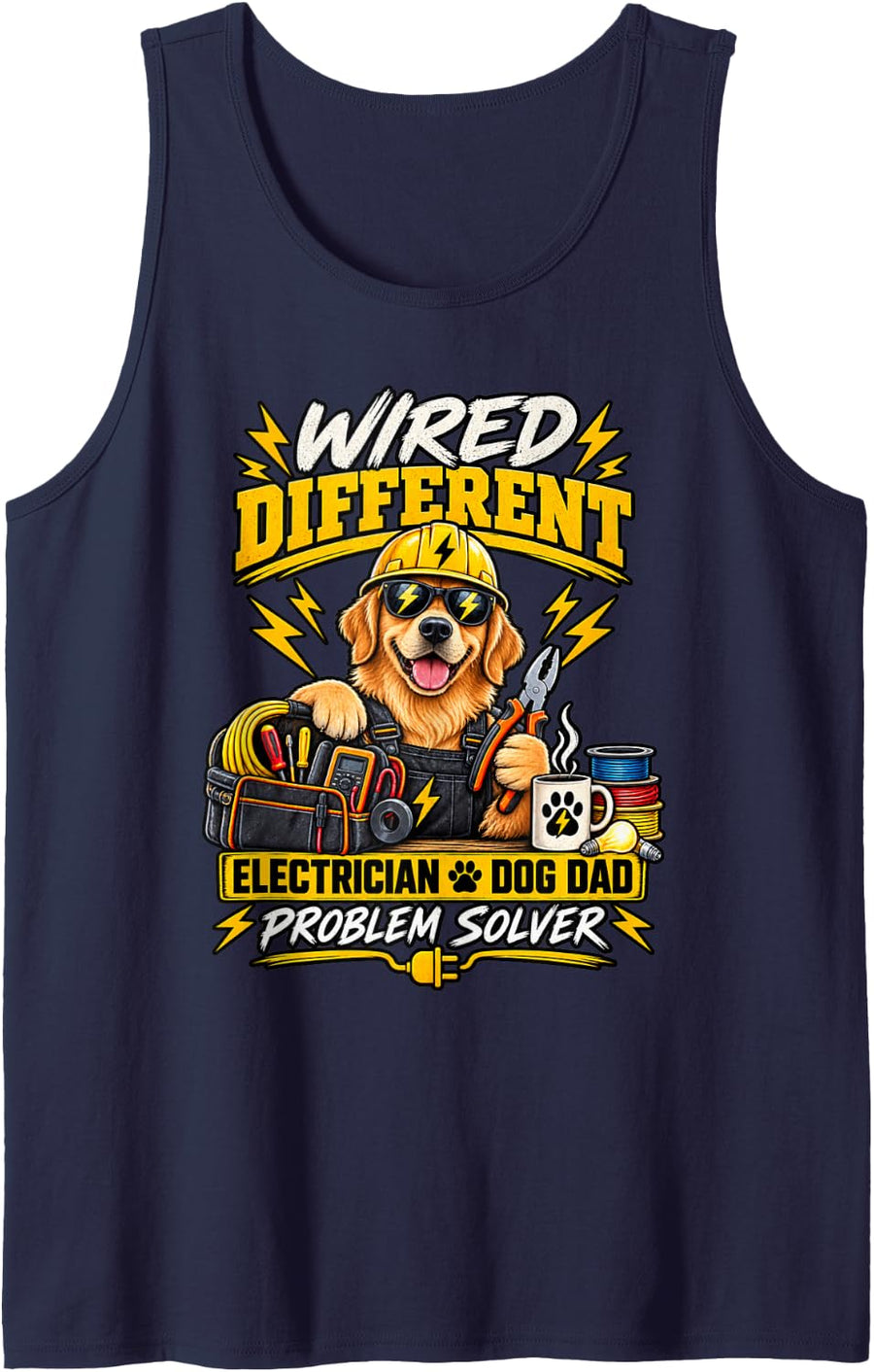Men's Funny Electrician Dog Dad, Wired Different Problem Sleeveless Tank Top - Navy Blue