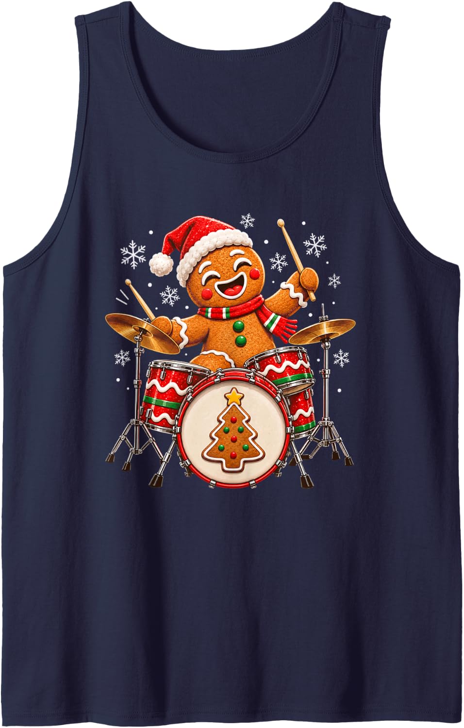 Christmas Drummer Gingerbread Man Playing Drums Kids Men Sleeveless Tank Top - Navy Blue