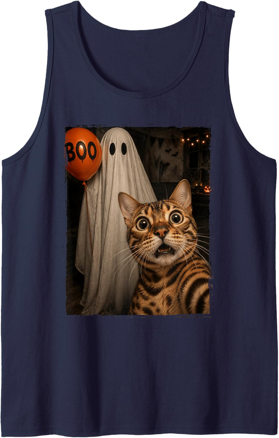 Funny Bengal Cat Halloween Selfie Ghost Boo Balloon Kids Sleeveless Tank Top - Navy Blue