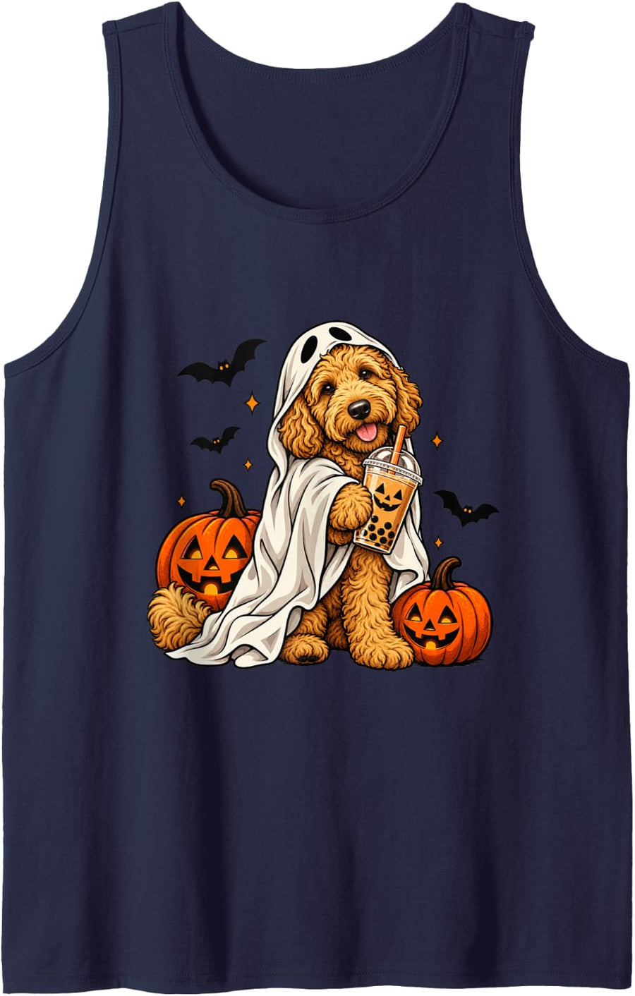 Goldendoodle Ghost and Boba Cute Halloween Dog Humor Sleeveless Tank Top - Navy Blue