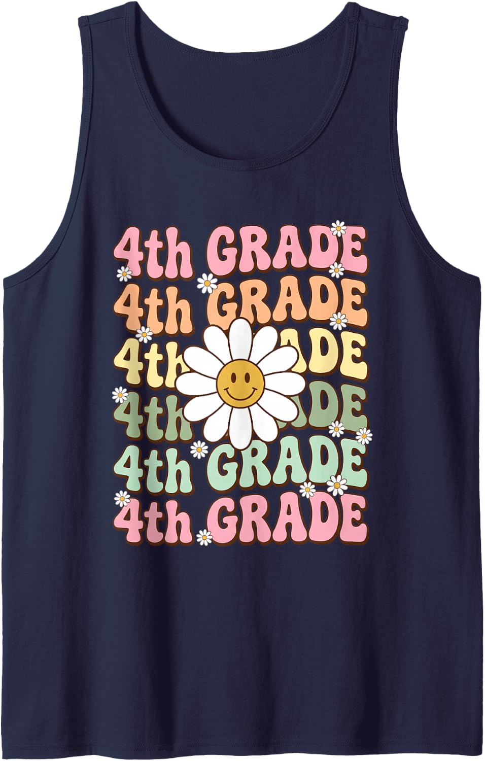 Retro 4TH Grade Groovy Daisy Flower Back to School Sleeveless Tank Top - Navy Blue