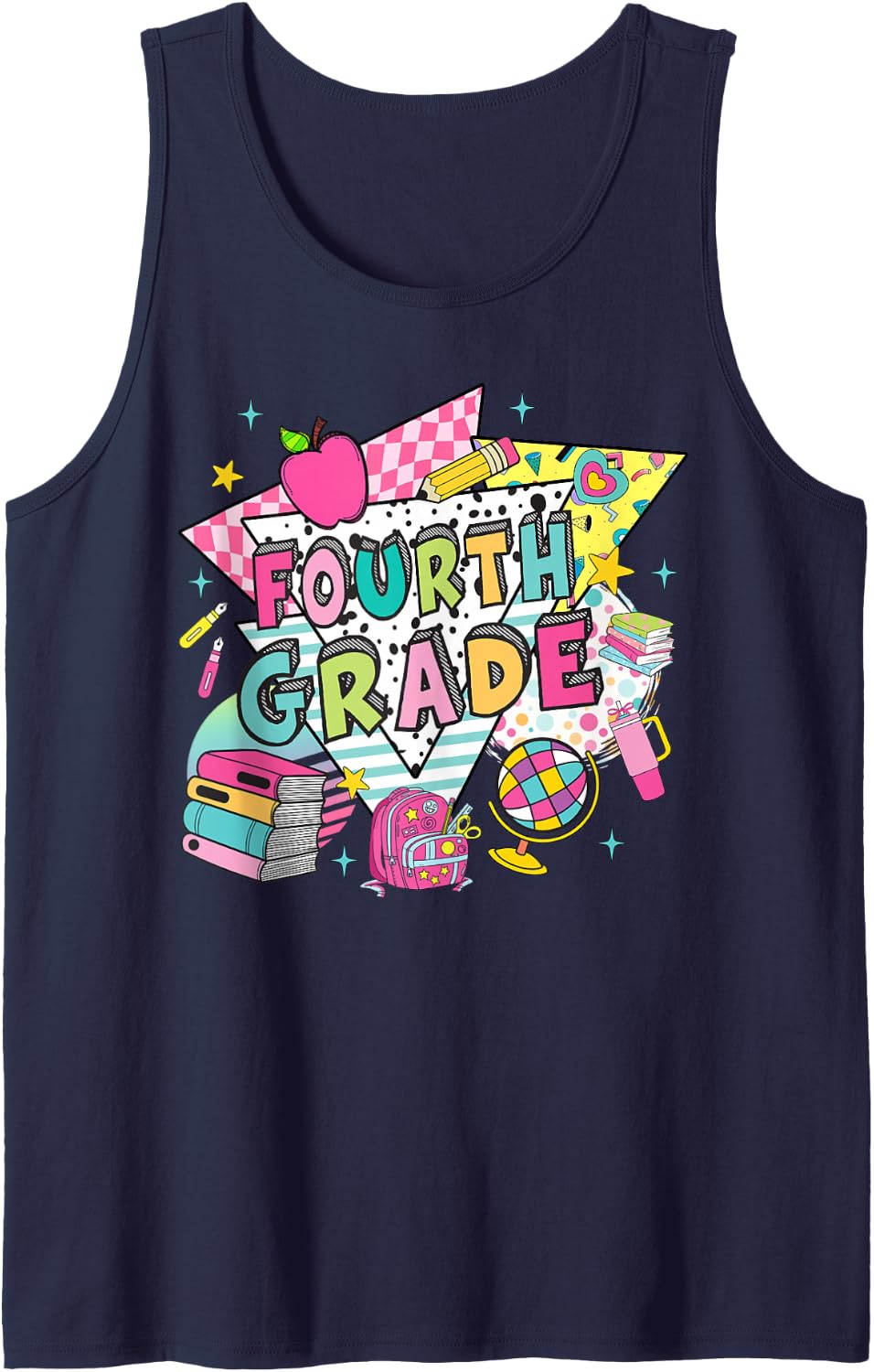 Fourth Grade Teachers Students Retro 90s Back to School Sleeveless Tank Top - Navy Blue