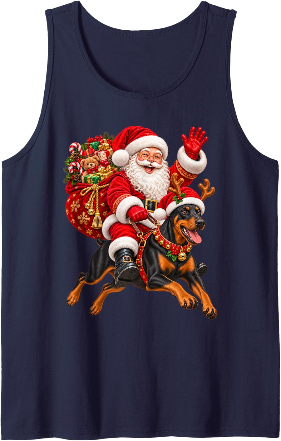 Doberman Pinscher Christmas Hat Santa Riding Pet Dog Xmas Sleeveless Tank Top - Navy Blue