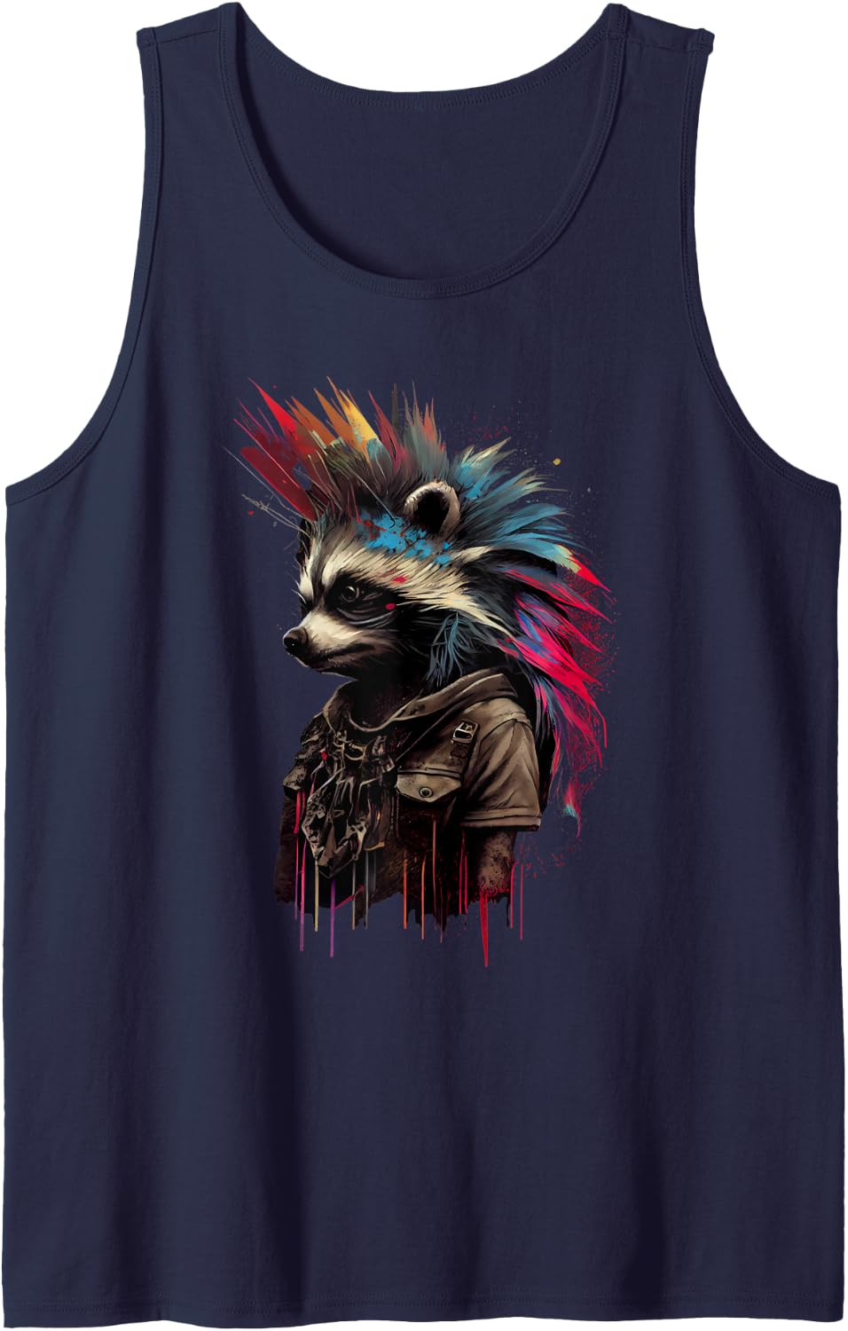 Raccoon Mohawk Punk Rock Graphic Design Raccoon Lover Sleeveless Tank Top - Navy Blue