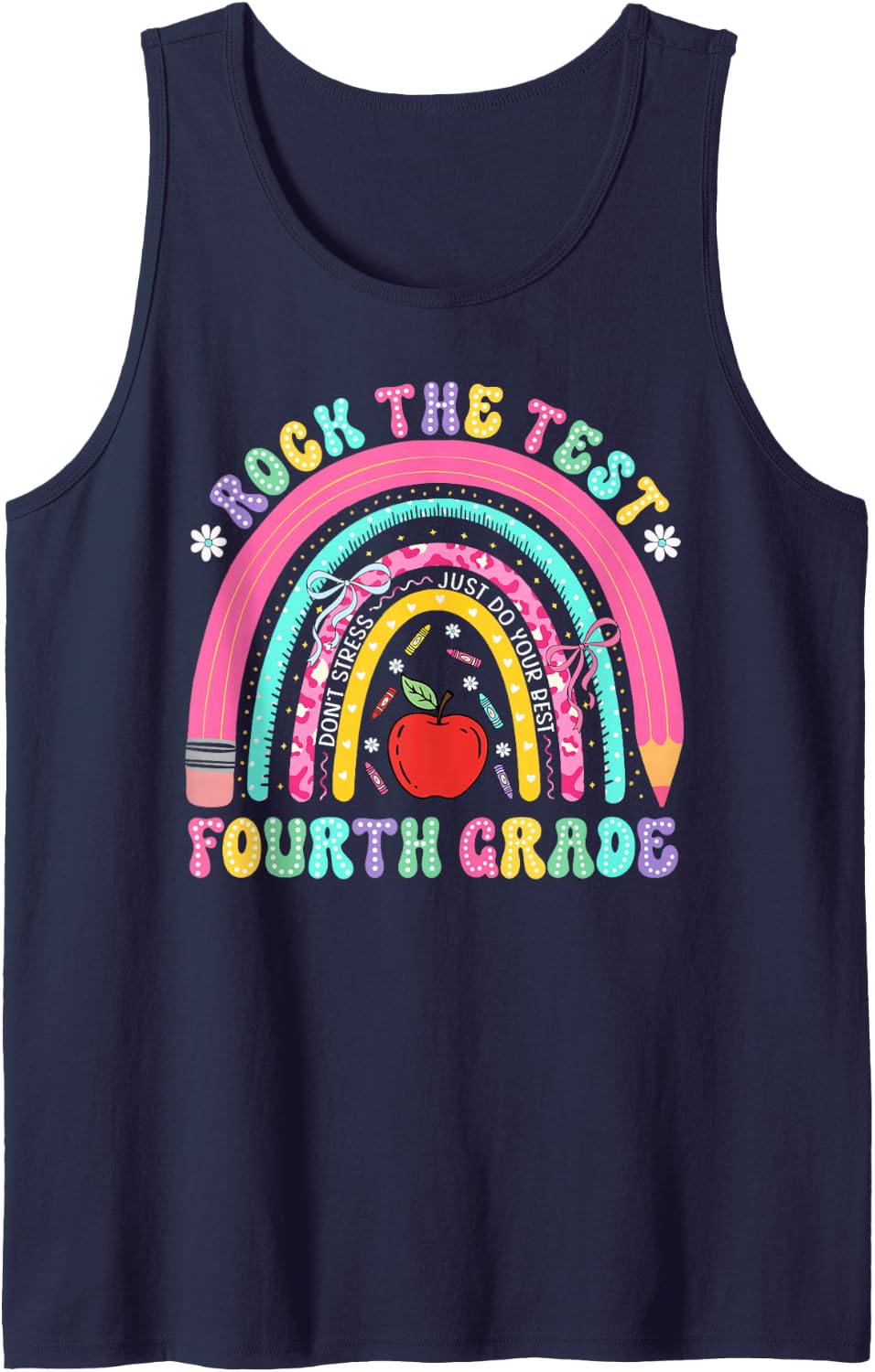 Test Day Rock The Test Fourth Grade Teacher Boy Girl Sleeveless Tank Top - Navy Blue