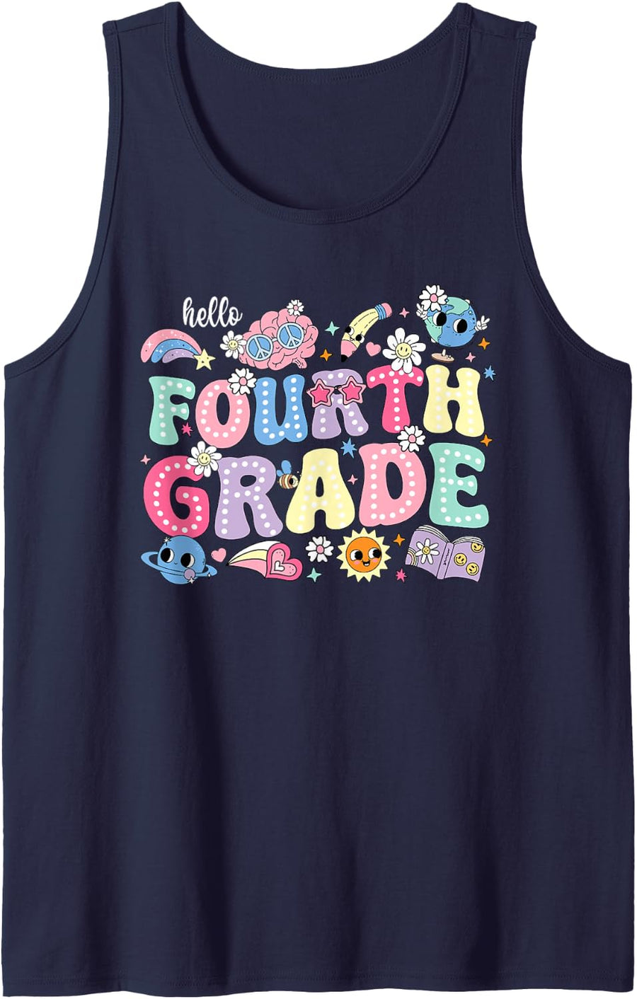 Hello Fourth 4th Grade Back to School Teacher Kids Sleeveless Tank Top - Navy Blue