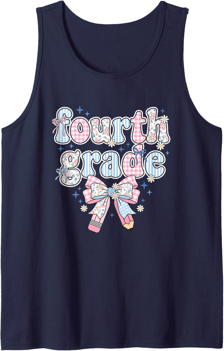 Fourth Grade Back to School Floral Coquette Bow Girls Sleeveless Tank Top - Navy Blue