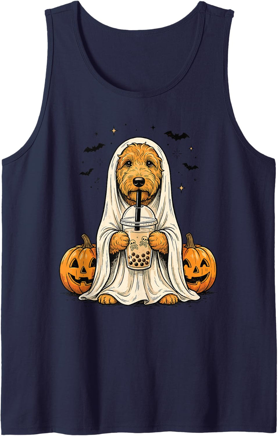 Goldendoodle Ghost and Boba Cute Funny Halloween Dog Humor Tank Top - Navy Blue