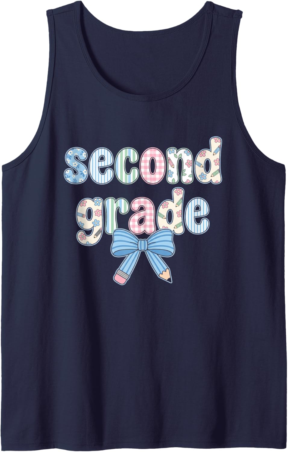 Second Grade Back to School Cute Teacher Student Bow Sleeveless Tank Top - Navy Blue