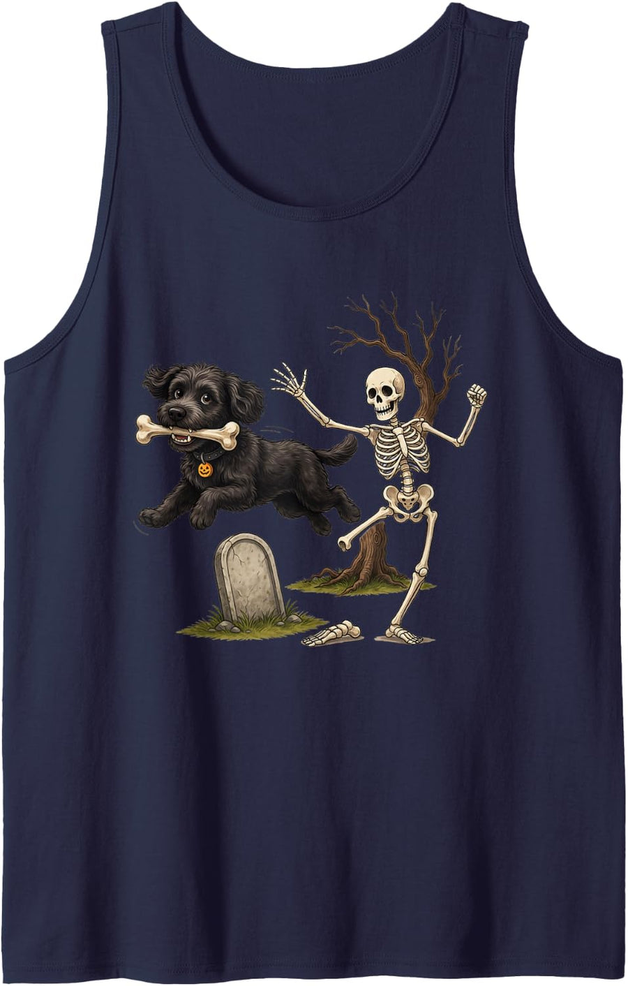 Men's Black Golden Doodle Stealing Bone from Skeleton Halloween Sleeveless Tank Top - Navy Blue