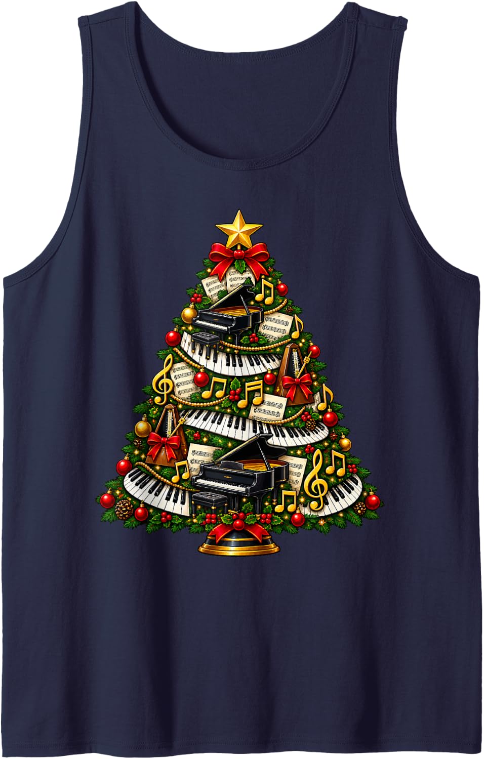 Pianist Christmas Tree Sleeveless Tank Top - Navy Blue
