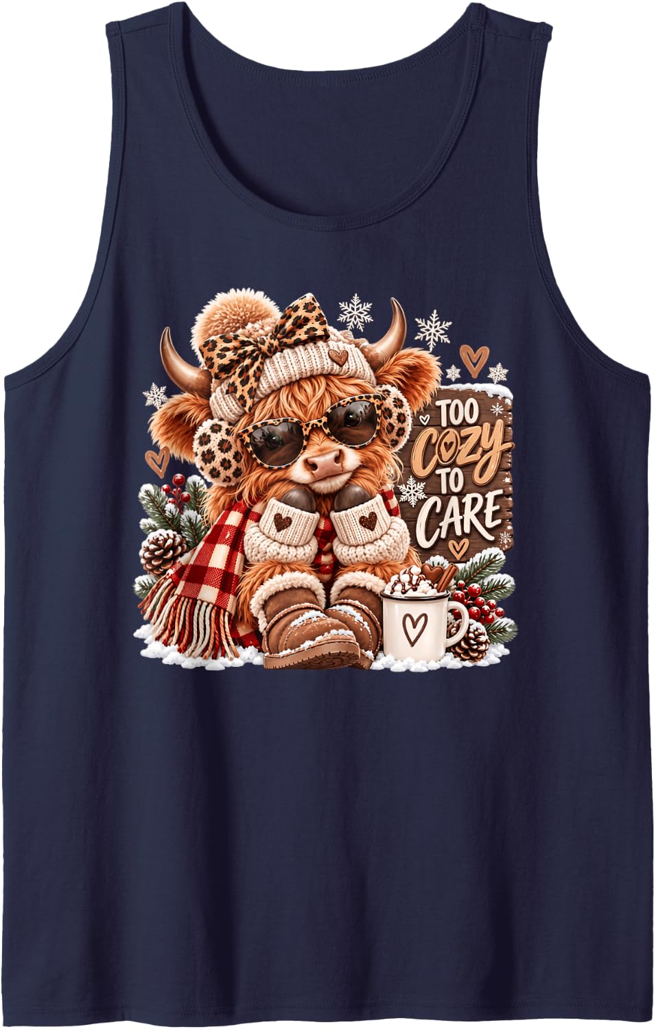 Too Cozy to Care Funny Winter Highland Cow Christmas Sleeveless Tank Top - Navy Blue