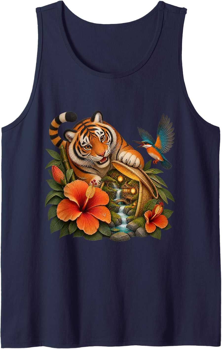 Bengal Tiger Reveals a Village Beneath Hibiscus Tank Top - Navy Blue
