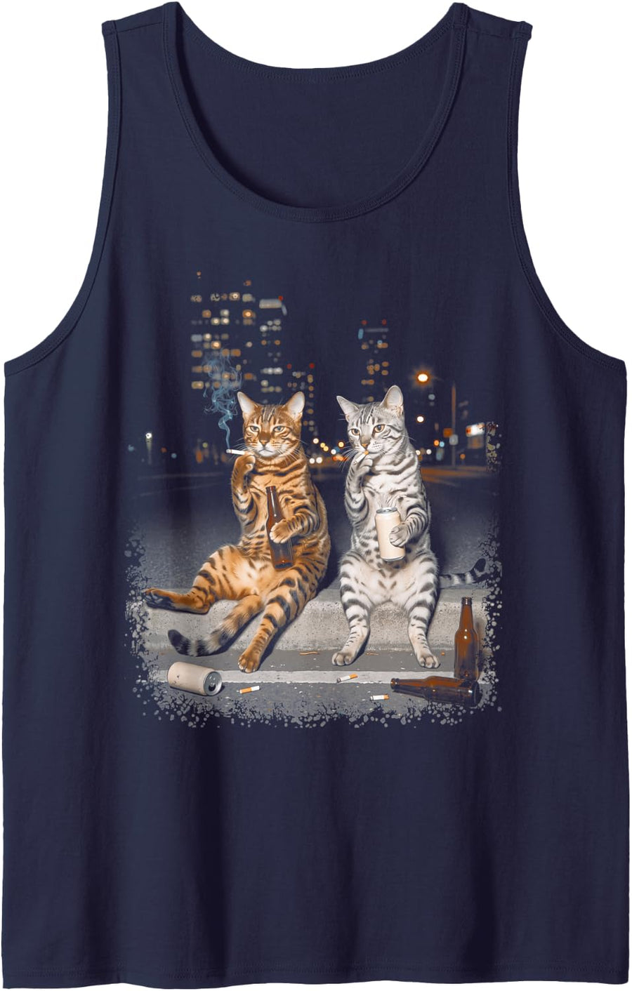 Funny 2 Smoking Bengal Cats Drinking Beer Meme Tank Top - Navy Blue