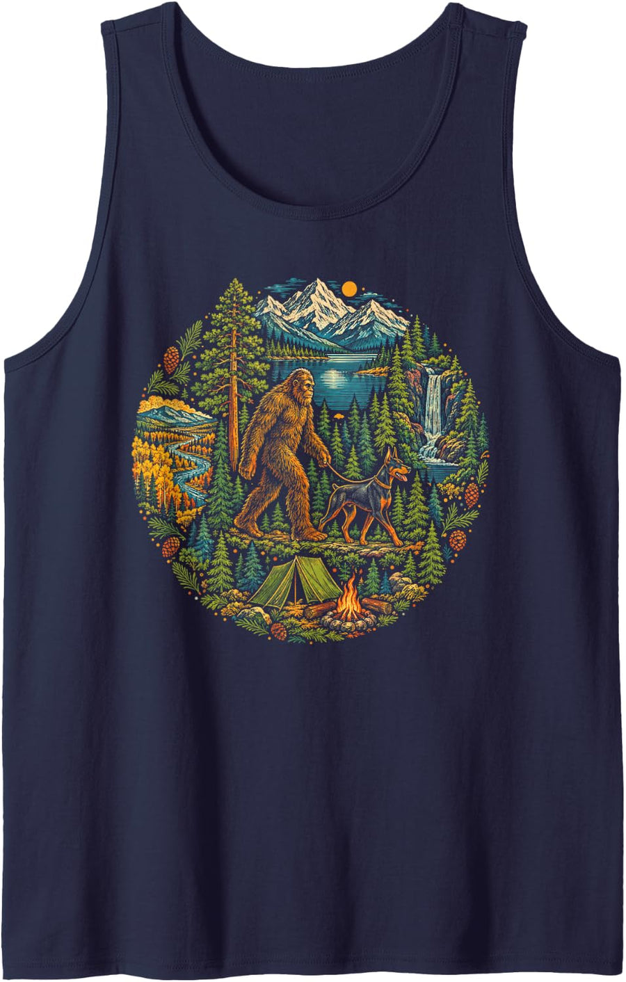 Bigfoot Doberman Pinscher Camping Sleeveless Tank Top - Navy Blue